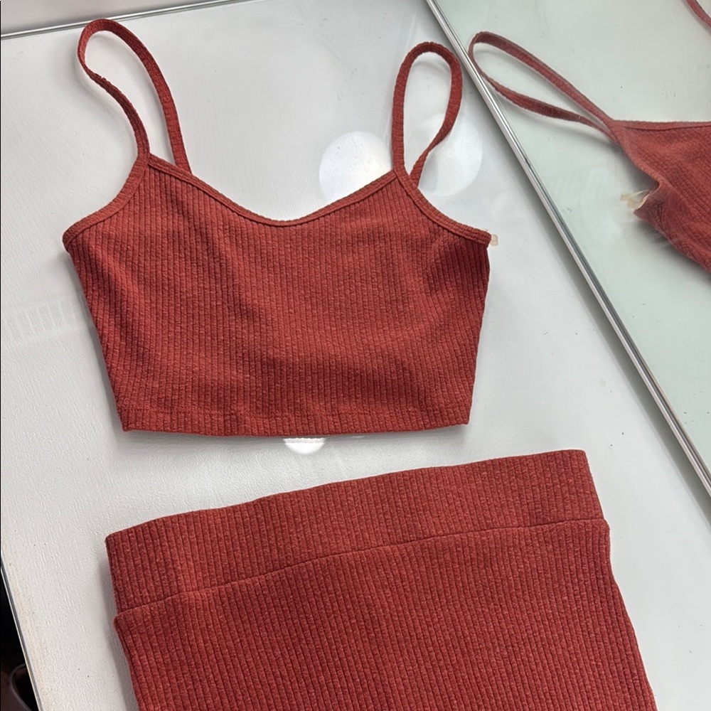 Rust Ribbed Crop Top and Skirt Set